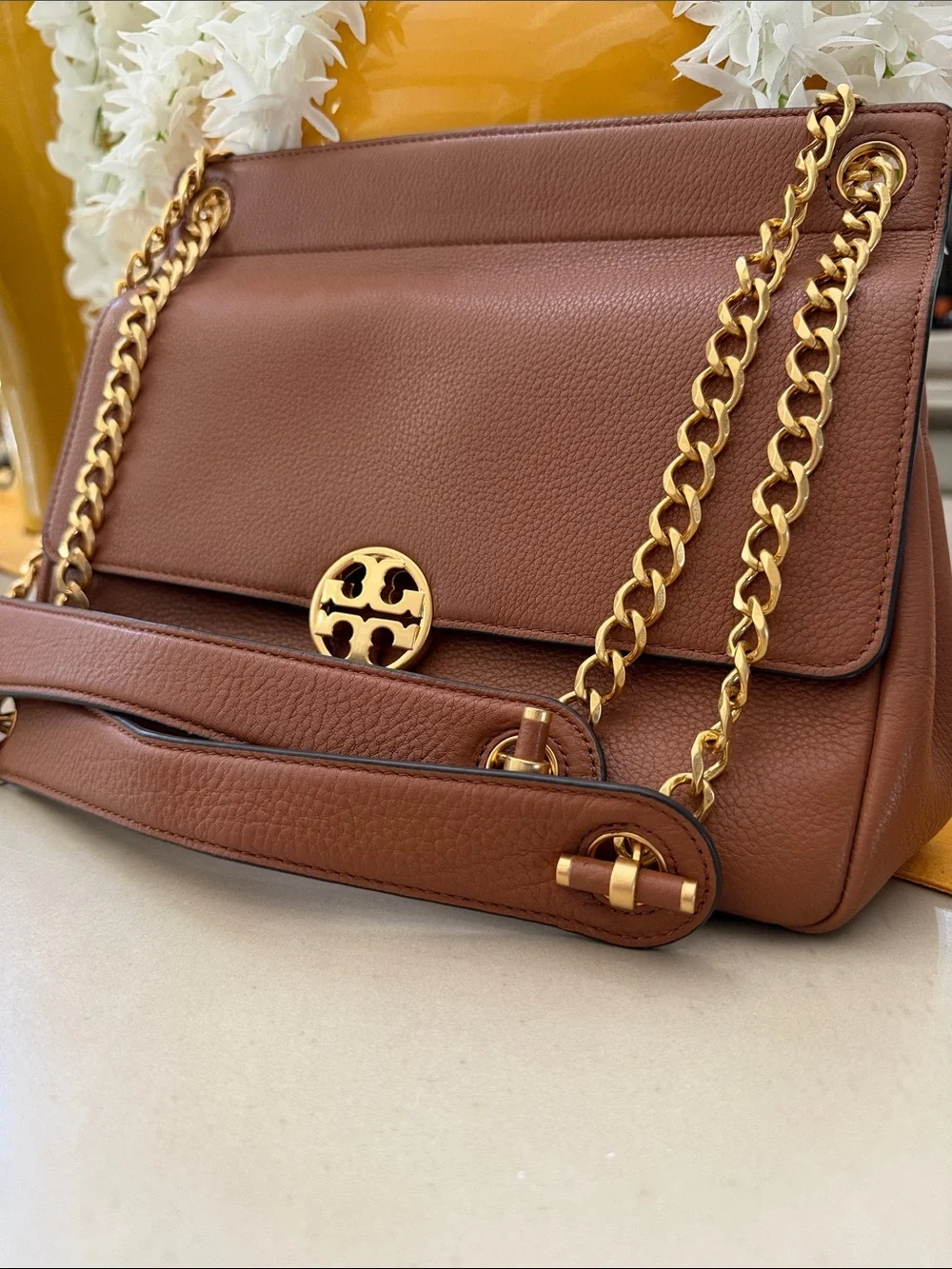 Tory Burch Brown Leather Shoulder Bag with Gold Chain